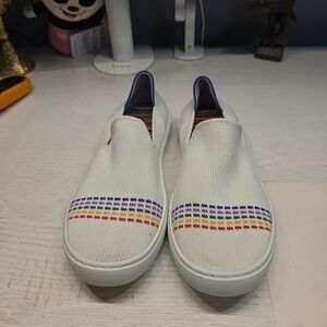 White Slip-On Knit Sneakers with Rainbow Accent